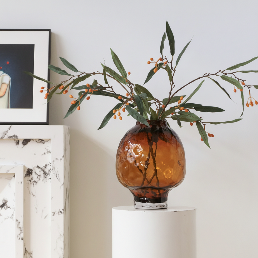 0 | Bestwest新中式浮雕花瓶玻璃高级感花瓶摆件插花桌面居家装饰品