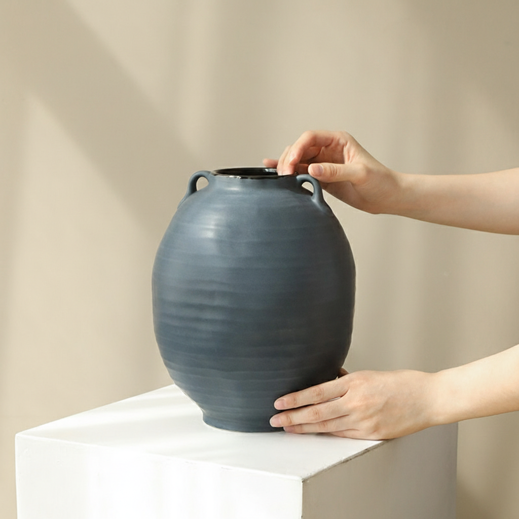 0 | Bestwest深蓝色中式花瓶陶瓷摆件复古陶罐轻奢高级感客厅插花器皿