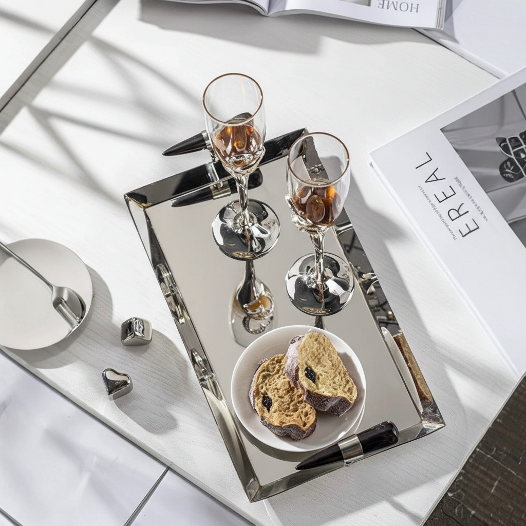 0 | 样板间软装长方形不锈钢托盘桌面摆件套装室内轻奢金属托盘装饰品