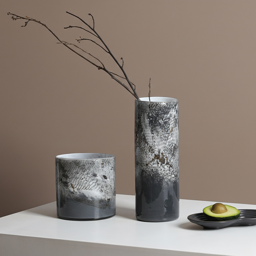 0 | Best west 烟灰大理石纹理直筒圆柱花瓶 高档轻奢样板间软装饰品