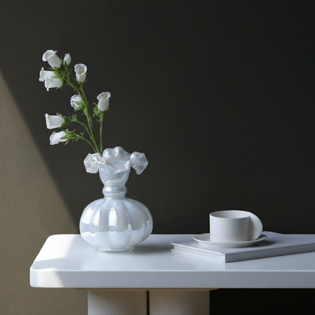 0 | Best west 珠光白芬顿法式荷边玻璃花瓶摆件高级家居客厅轻奢花器