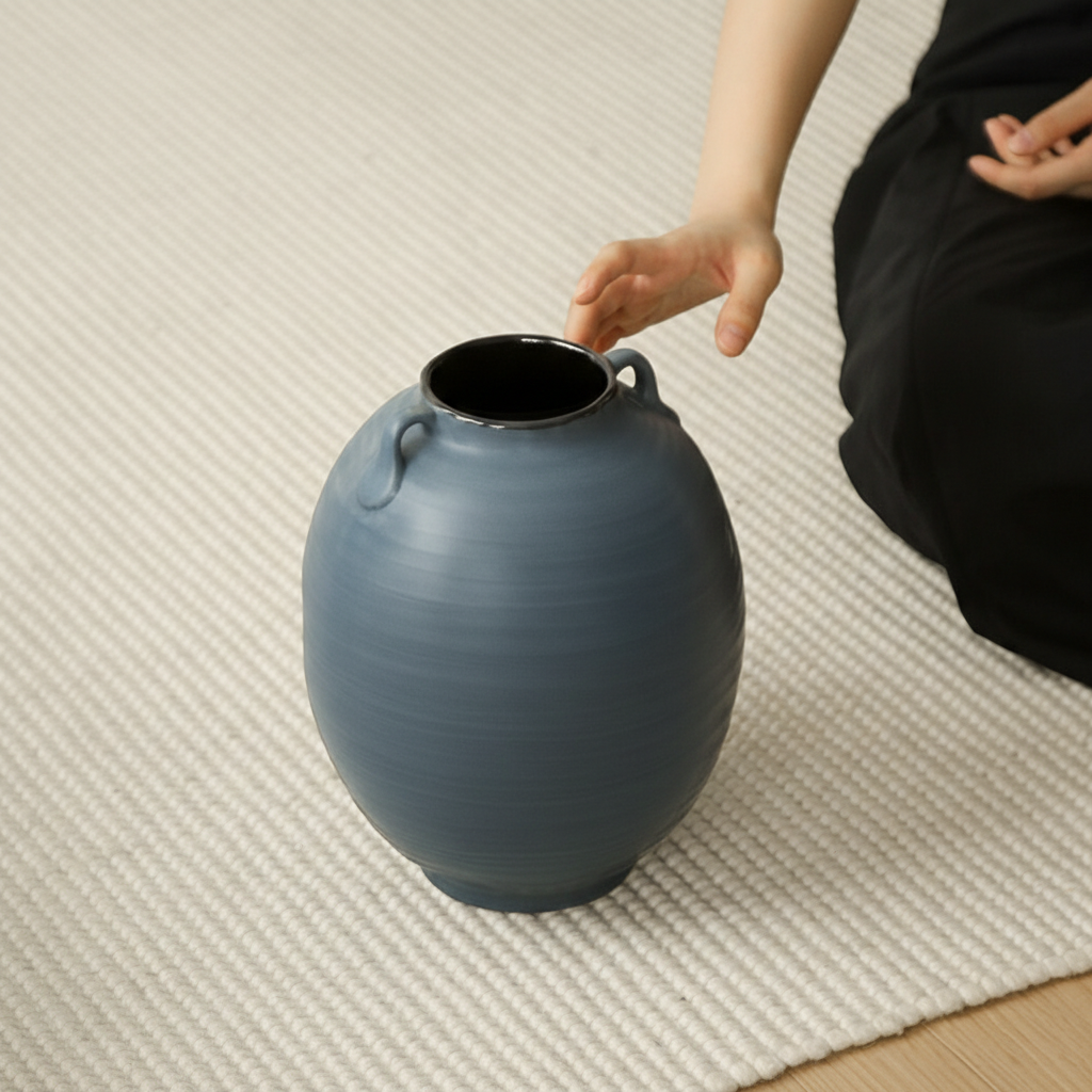 0 | Bestwest深蓝色中式花瓶陶瓷摆件复古陶罐轻奢高级感客厅插花器皿