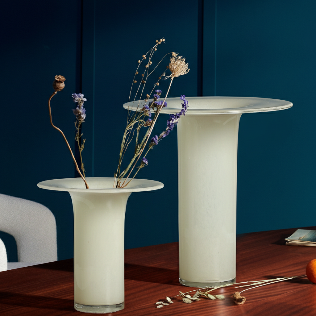 0 | Best west 奶白圆盘中古玻璃花瓶花器 ins风软装饰品高级家居摆件