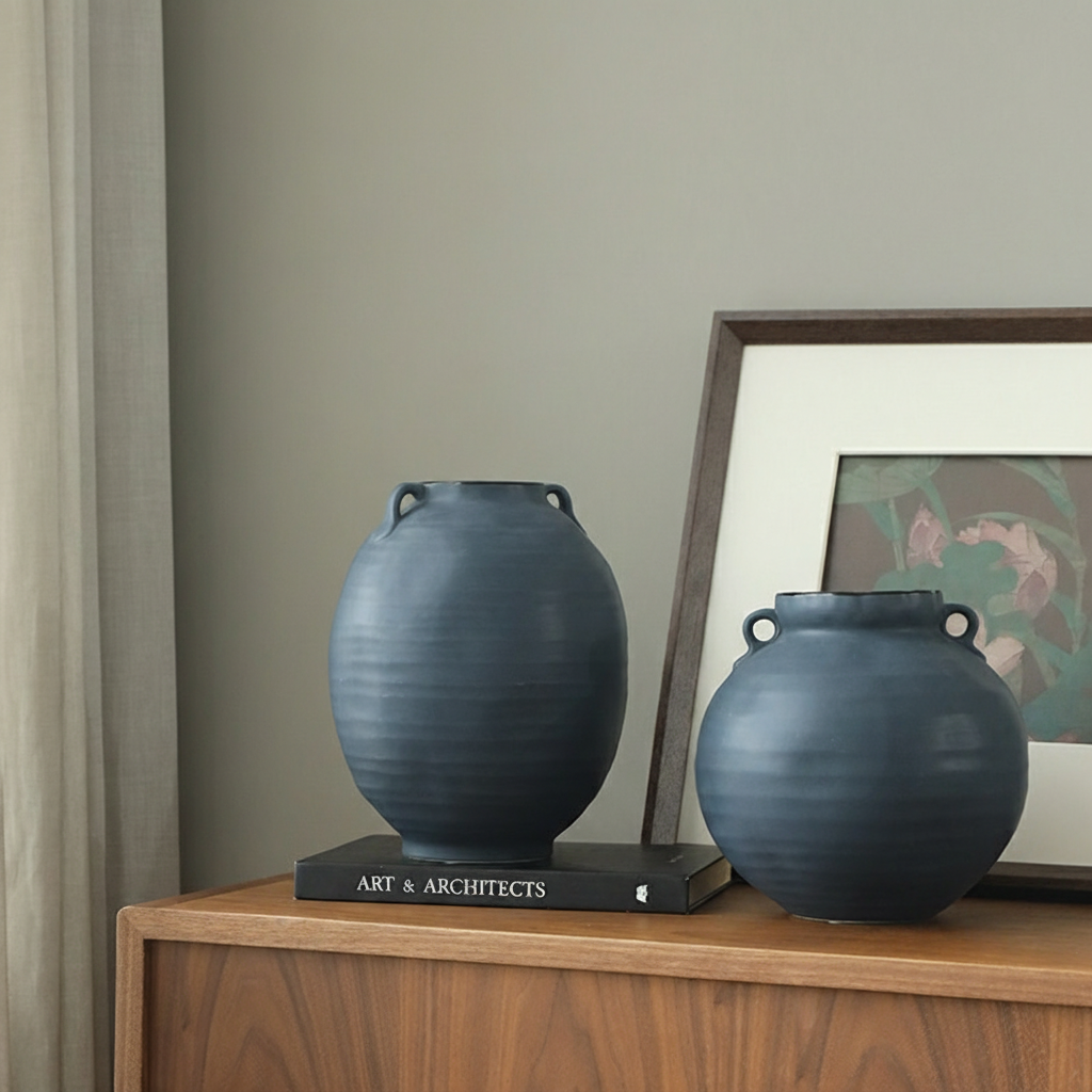 0 | Bestwest深蓝色中式花瓶陶瓷摆件复古陶罐轻奢高级感客厅插花器皿