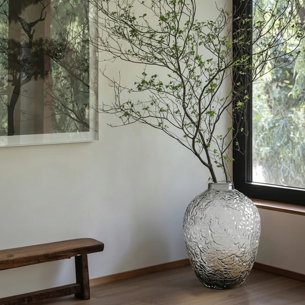 0 | Best west 大肚落地马醉木灰色透明锤纹水培玻璃花瓶家居装饰花器