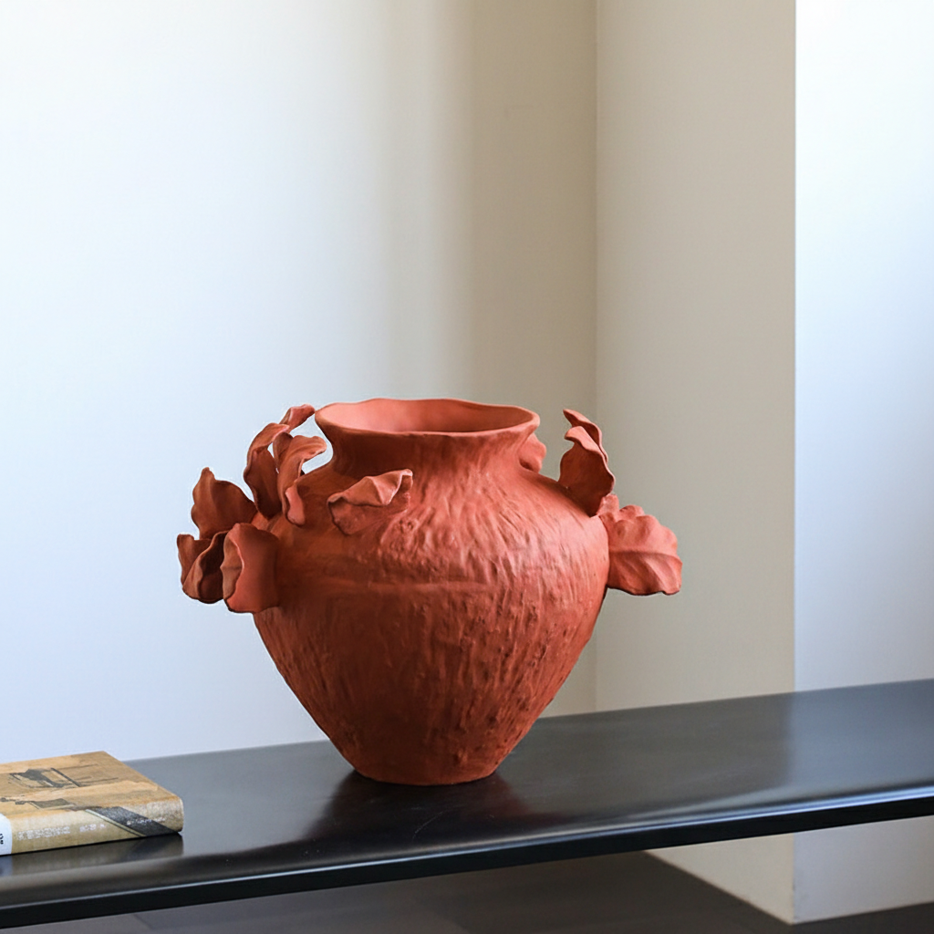 0 | 侘寂风景德镇艺术陶瓷花瓶新年玄关红色陶罐客厅喜庆插花装饰摆件