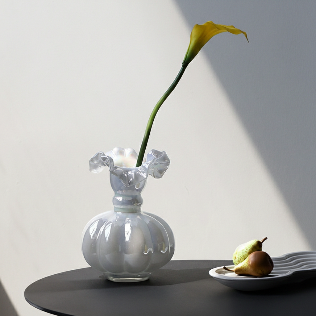 0 | Best west 珠光白芬顿法式荷边玻璃花瓶摆件高级家居客厅轻奢花器